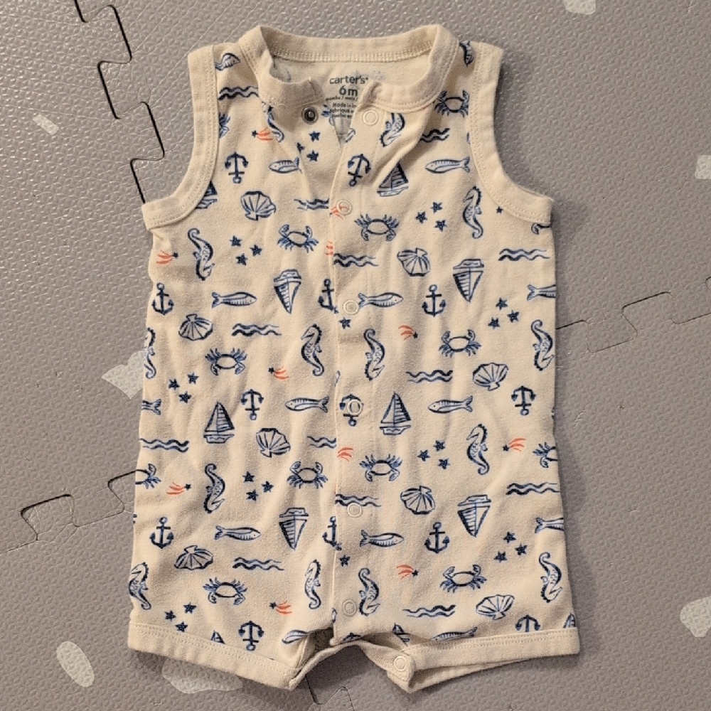Carter's Cream and Blue Nautical Baby Romper 6 Months